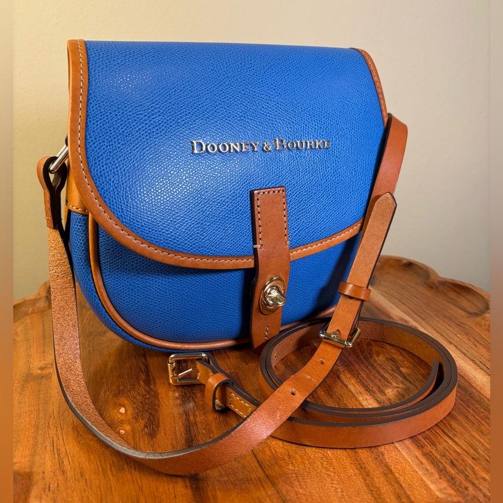 Dooney & Bourke Claremont Field Bag Blue Leather with Brown Trim EUC